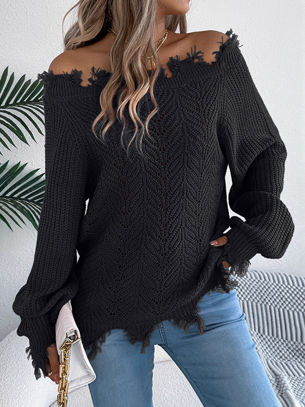 Long Sleeves Hollow Knitted Leaves Ribbed Knit See-Through Solid Color Off-The-Shoulder Sweater Tops - Image 2