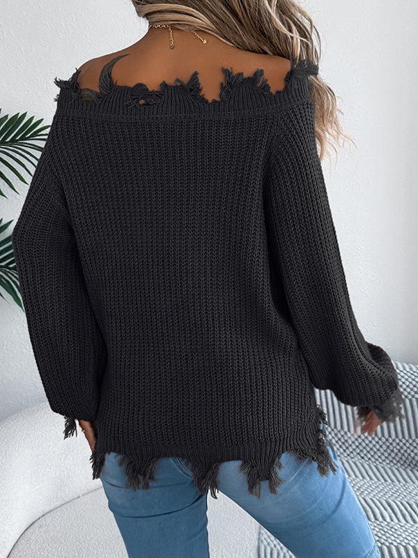 Long Sleeves Hollow Knitted Leaves Ribbed Knit See-Through Solid Color Off-The-Shoulder Sweater Tops - Image 7