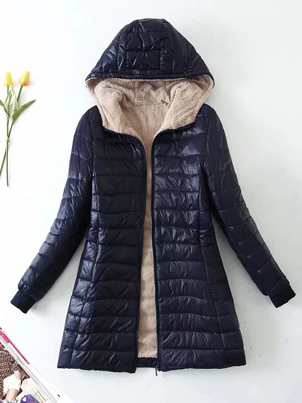 Long Sleeves Keep Warm Pockets Velvet Zipper Hooded Outerwear Padded Coat - Image 2