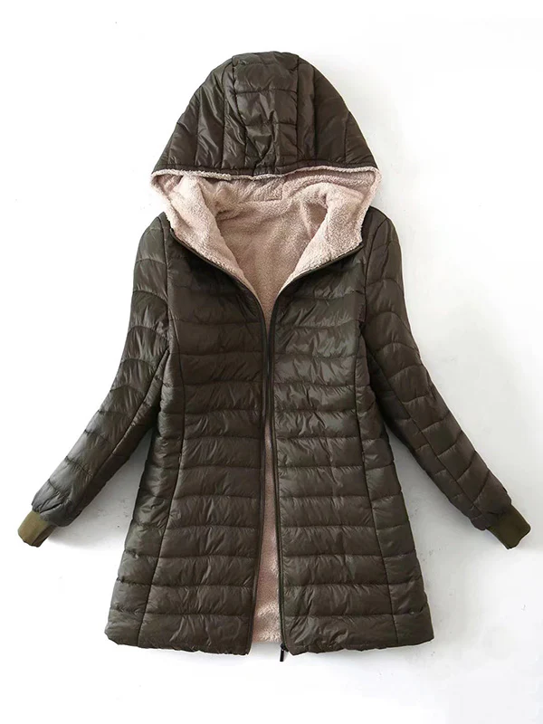 Long Sleeves Keep Warm Pockets Velvet Zipper Hooded Outerwear Padded Coat - Image 3