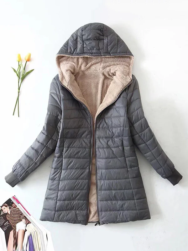 Long Sleeves Keep Warm Pockets Velvet Zipper Hooded Outerwear Padded Coat - Image 4