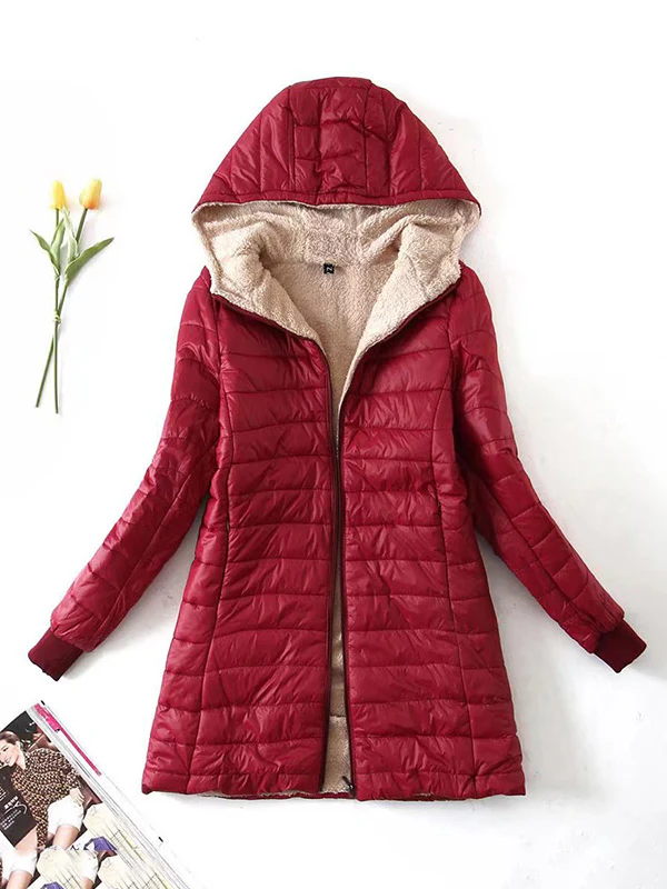 Long Sleeves Keep Warm Pockets Velvet Zipper Hooded Outerwear Padded Coat - Image 5