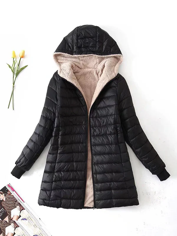 Long Sleeves Keep Warm Pockets Velvet Zipper Hooded Outerwear Padded Coat - Image 6
