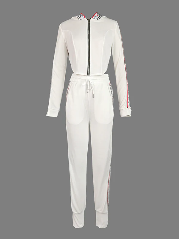Long Sleeves Letter Print Split-Side Zipper Hooded Jackets+Pants Two Pieces Set - Image 3