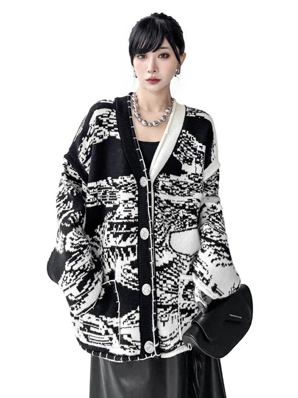Long Sleeves Loose Abstract Printed Buttoned Contrast Color Pockets Split-Joint Collarless Cardigan Tops Outerwear - Image 10