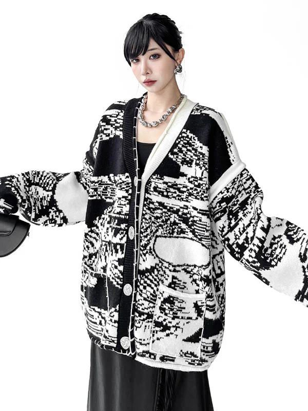 Long Sleeves Loose Abstract Printed Buttoned Contrast Color Pockets Split-Joint Collarless Cardigan Tops Outerwear - Image 11