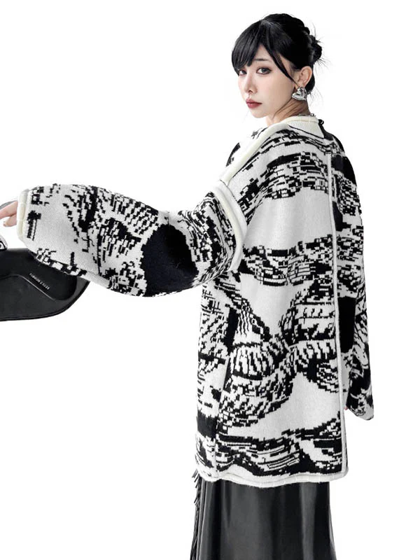 Long Sleeves Loose Abstract Printed Buttoned Contrast Color Pockets Split-Joint Collarless Cardigan Tops Outerwear - Image 12
