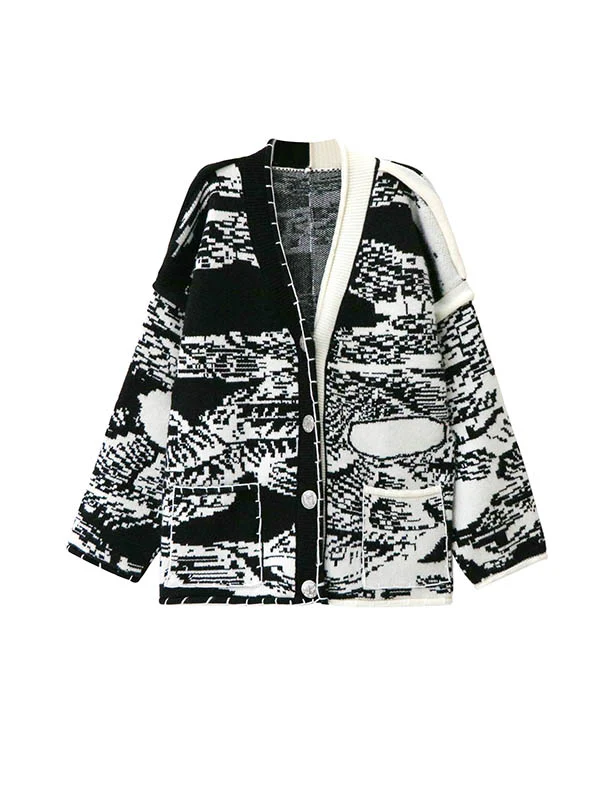 Long Sleeves Loose Abstract Printed Buttoned Contrast Color Pockets Split-Joint Collarless Cardigan Tops Outerwear - Image 13