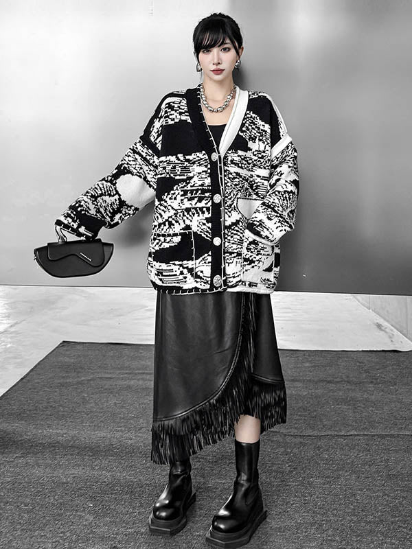 Long Sleeves Loose Abstract Printed Buttoned Contrast Color Pockets Split-Joint Collarless Cardigan Tops Outerwear - Image 2