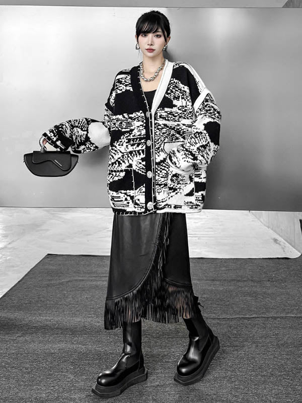 Long Sleeves Loose Abstract Printed Buttoned Contrast Color Pockets Split-Joint Collarless Cardigan Tops Outerwear - Image 3