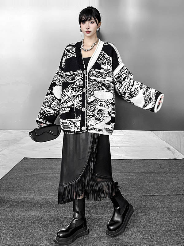 Long Sleeves Loose Abstract Printed Buttoned Contrast Color Pockets Split-Joint Collarless Cardigan Tops Outerwear - Image 4