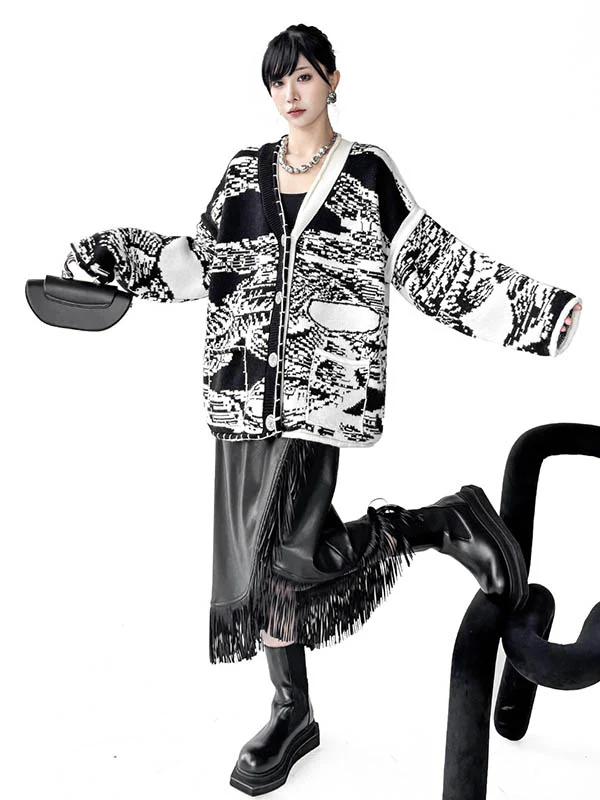Long Sleeves Loose Abstract Printed Buttoned Contrast Color Pockets Split-Joint Collarless Cardigan Tops Outerwear - Image 5