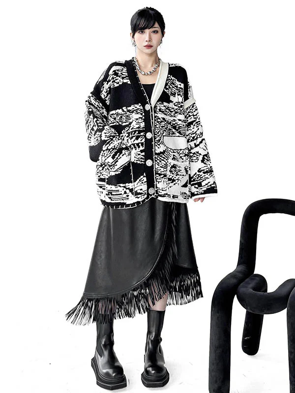 Long Sleeves Loose Abstract Printed Buttoned Contrast Color Pockets Split-Joint Collarless Cardigan Tops Outerwear - Image 6