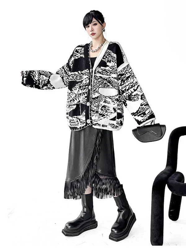 Long Sleeves Loose Abstract Printed Buttoned Contrast Color Pockets Split-Joint Collarless Cardigan Tops Outerwear - Image 7