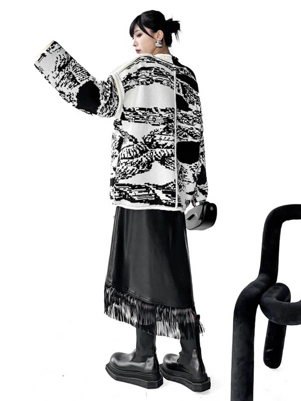 Long Sleeves Loose Abstract Printed Buttoned Contrast Color Pockets Split-Joint Collarless Cardigan Tops Outerwear - Image 8