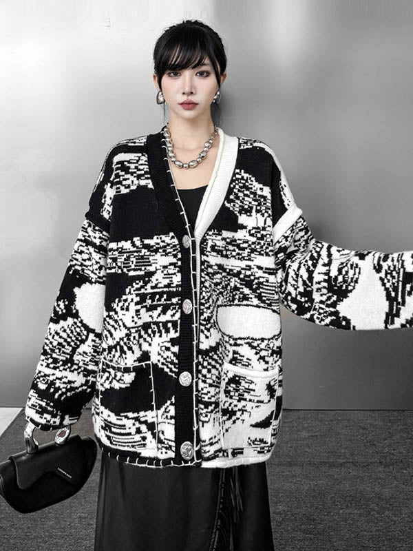 Long Sleeves Loose Abstract Printed Buttoned Contrast Color Pockets Split-Joint Collarless Cardigan Tops Outerwear - Image 9