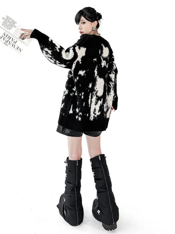 Long Sleeves Loose Abstract Printed Contrast Color Ribs Split-Joint V-Neck Sweater Tops - Image 12