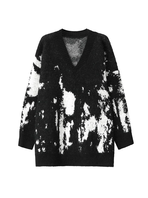Long Sleeves Loose Abstract Printed Contrast Color Ribs Split-Joint V-Neck Sweater Tops - Image 13