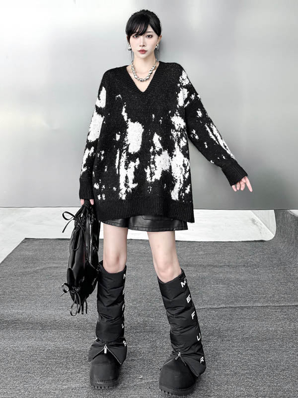 Long Sleeves Loose Abstract Printed Contrast Color Ribs Split-Joint V-Neck Sweater Tops - Image 2