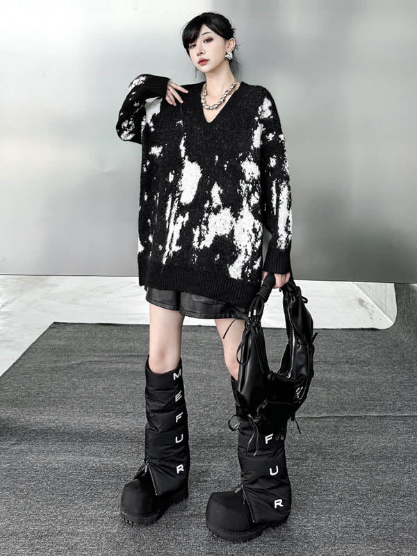 Long Sleeves Loose Abstract Printed Contrast Color Ribs Split-Joint V-Neck Sweater Tops - Image 3