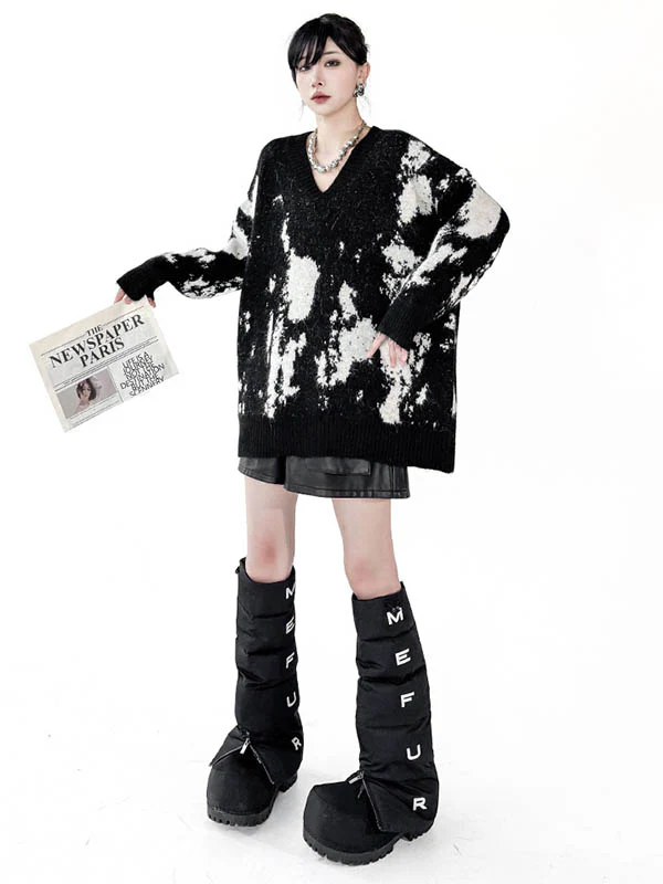 Long Sleeves Loose Abstract Printed Contrast Color Ribs Split-Joint V-Neck Sweater Tops - Image 4