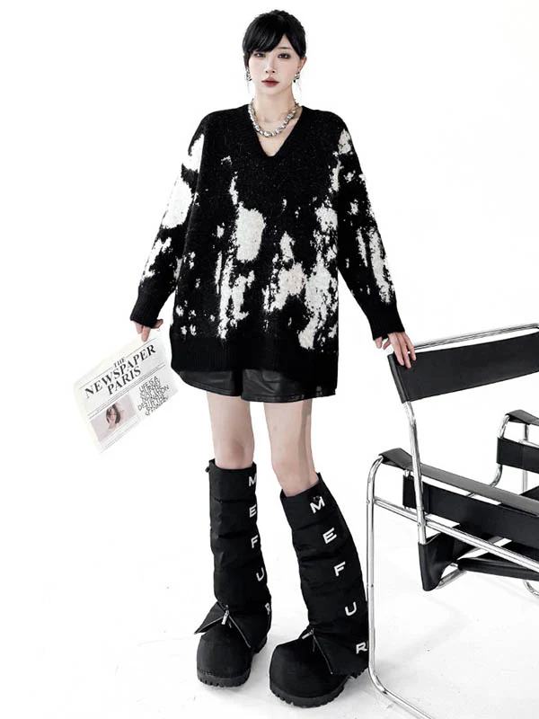 Long Sleeves Loose Abstract Printed Contrast Color Ribs Split-Joint V-Neck Sweater Tops - Image 6