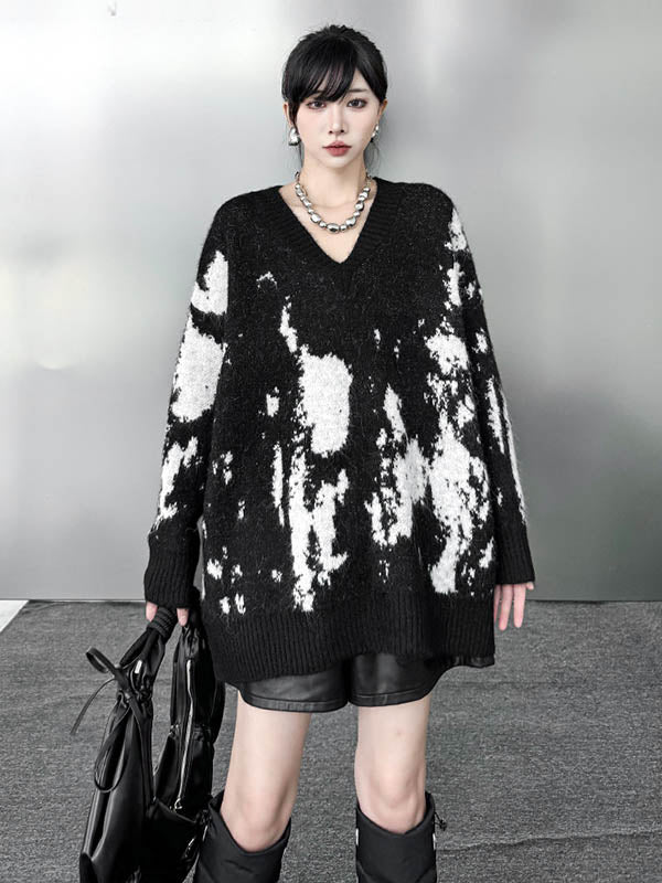 Long Sleeves Loose Abstract Printed Contrast Color Ribs Split-Joint V-Neck Sweater Tops - Image 7