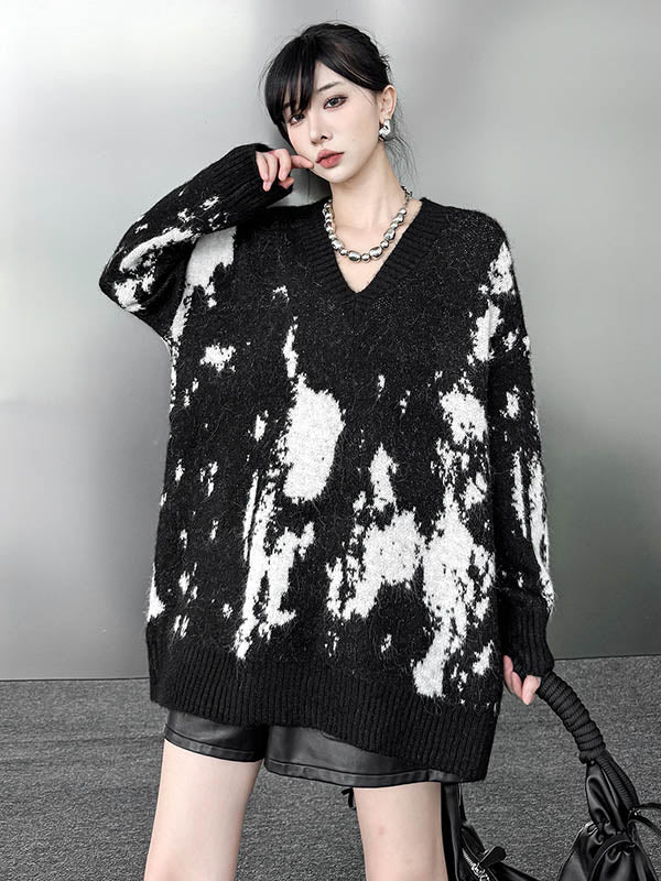 Long Sleeves Loose Abstract Printed Contrast Color Ribs Split-Joint V-Neck Sweater Tops - Image 8