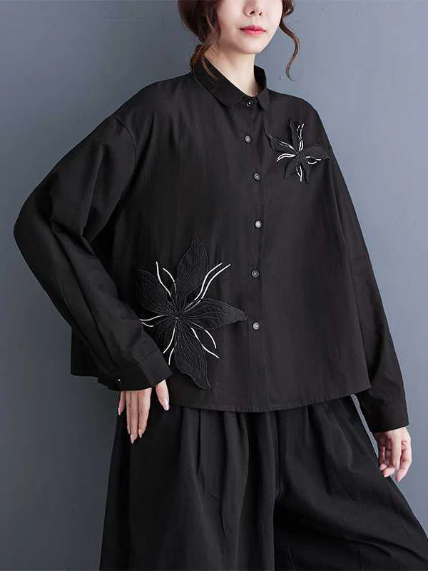 Long Sleeves Loose Applique Buttoned Embroidered Lapel Blouses&Shirts Tops - Image 10