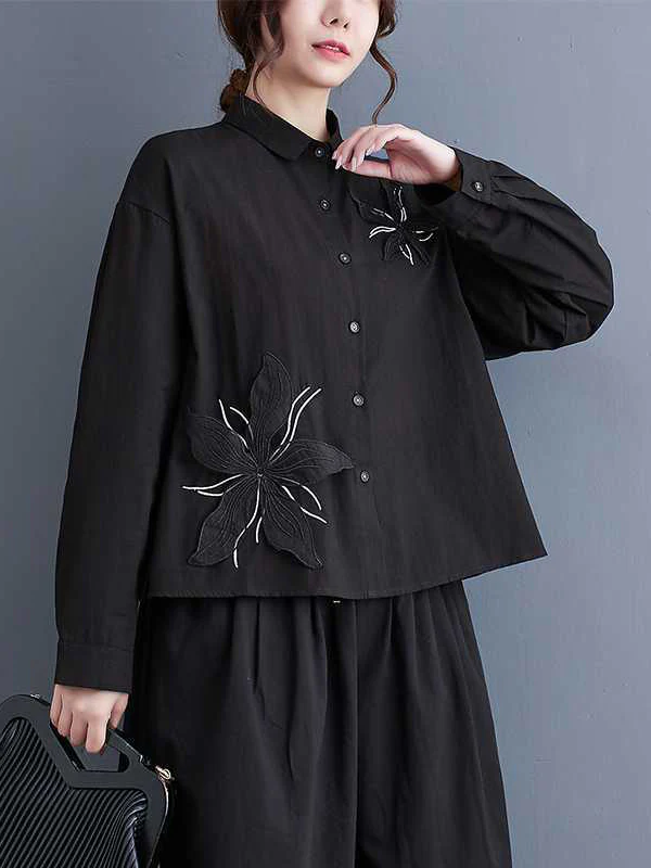 Long Sleeves Loose Applique Buttoned Embroidered Lapel Blouses&Shirts Tops - Image 11