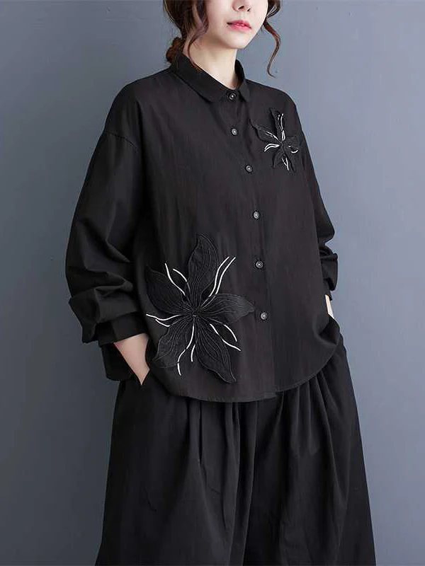 Long Sleeves Loose Applique Buttoned Embroidered Lapel Blouses&Shirts Tops - Image 12