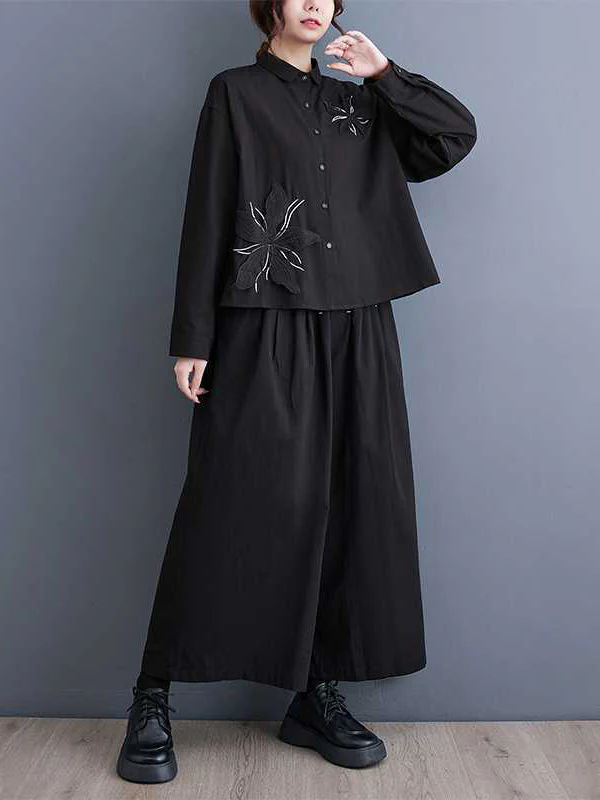 Long Sleeves Loose Applique Buttoned Embroidered Lapel Blouses&Shirts Tops - Image 15