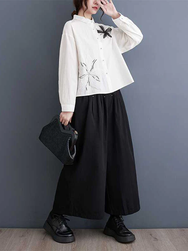 Long Sleeves Loose Applique Buttoned Embroidered Lapel Blouses&Shirts Tops - Image 17