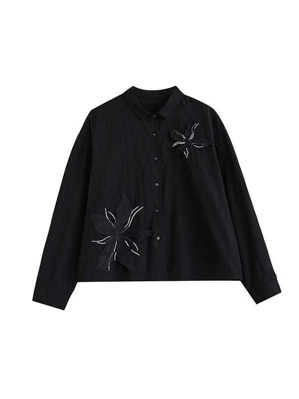 Long Sleeves Loose Applique Buttoned Embroidered Lapel Blouses&Shirts Tops - Image 18