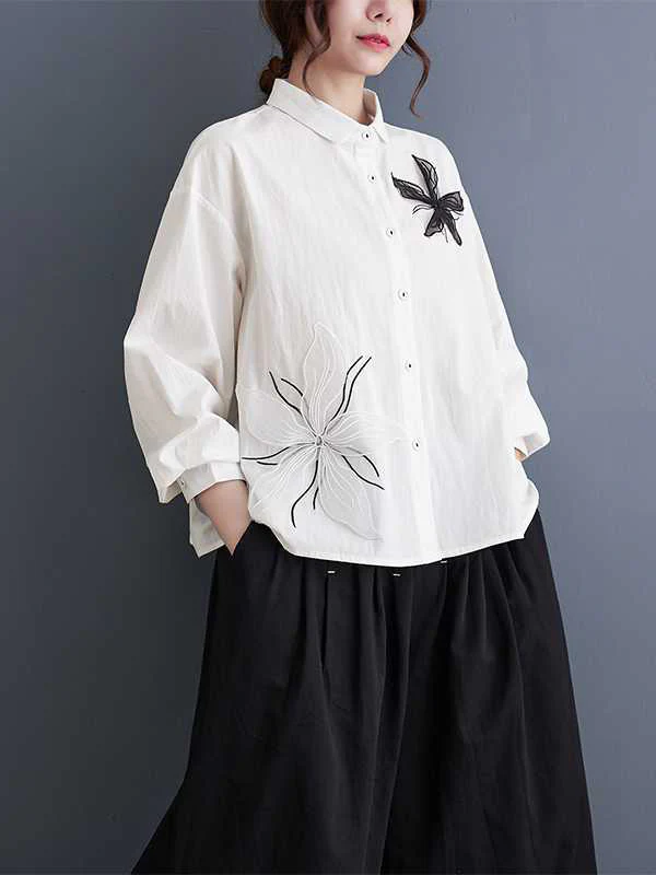 Long Sleeves Loose Applique Buttoned Embroidered Lapel Blouses&Shirts Tops - Image 2