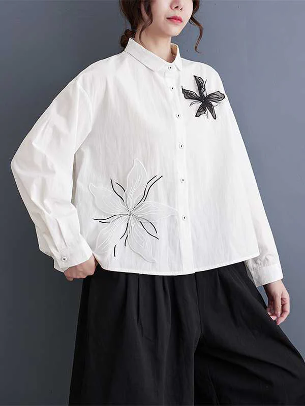 Long Sleeves Loose Applique Buttoned Embroidered Lapel Blouses&Shirts Tops - Image 3