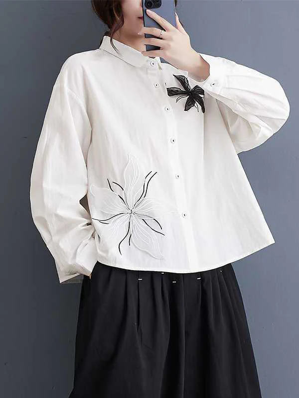 Long Sleeves Loose Applique Buttoned Embroidered Lapel Blouses&Shirts Tops - Image 4