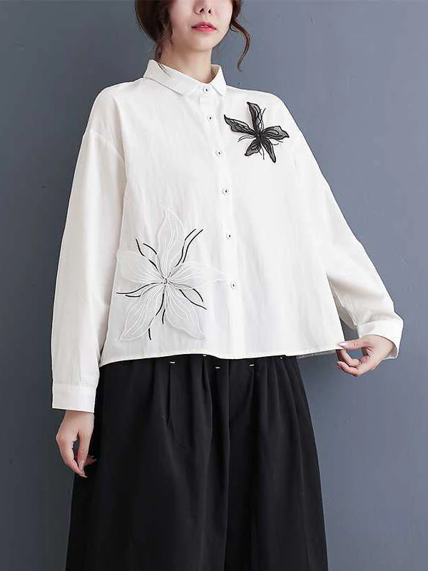 Long Sleeves Loose Applique Buttoned Embroidered Lapel Blouses&Shirts Tops - Image 5