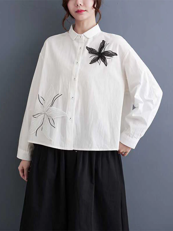 Long Sleeves Loose Applique Buttoned Embroidered Lapel Blouses&Shirts Tops - Image 6