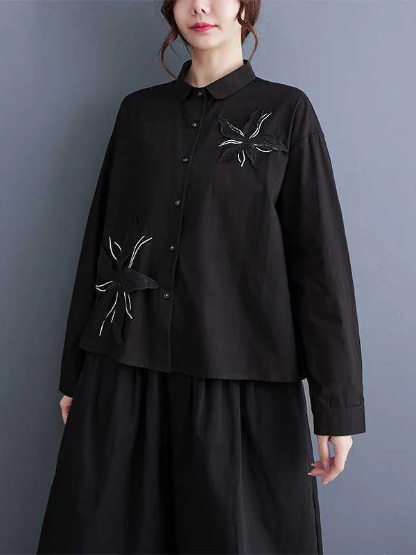 Long Sleeves Loose Applique Buttoned Embroidered Lapel Blouses&Shirts Tops - Image 8