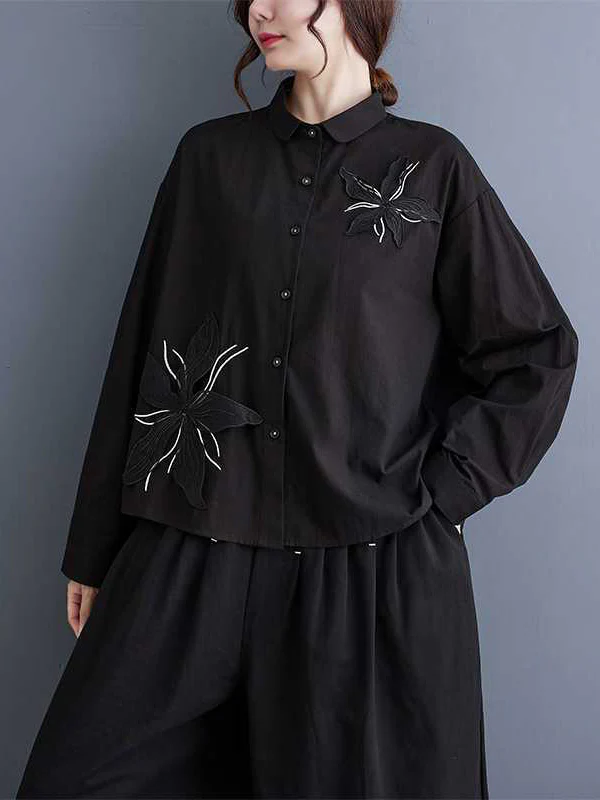 Long Sleeves Loose Applique Buttoned Embroidered Lapel Blouses&Shirts Tops - Image 9