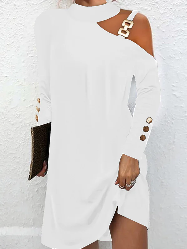 Long Sleeves Loose Asymmetric Buckle Buttoned Hollow One-Shoulder Mini Dresses - Image 5