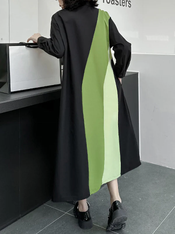 Long Sleeves Loose Asymmetric Buttoned Contrast Color Split-Joint Lapel Midi Dresses Shirt Dress - Image 10