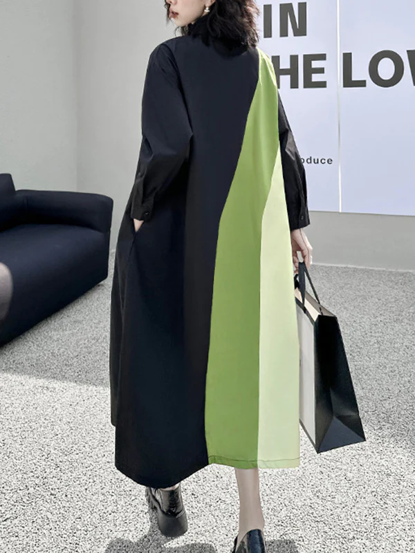 Long Sleeves Loose Asymmetric Buttoned Contrast Color Split-Joint Lapel Midi Dresses Shirt Dress - Image 11