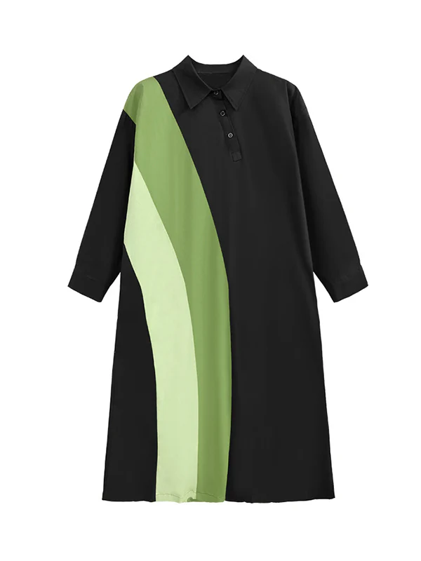 Long Sleeves Loose Asymmetric Buttoned Contrast Color Split-Joint Lapel Midi Dresses Shirt Dress - Image 12