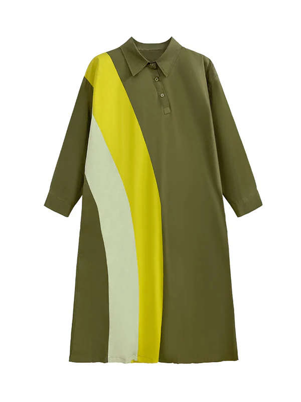 Long Sleeves Loose Asymmetric Buttoned Contrast Color Split-Joint Lapel Midi Dresses Shirt Dress - Image 13