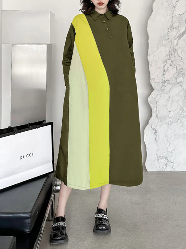Long Sleeves Loose Asymmetric Buttoned Contrast Color Split-Joint Lapel Midi Dresses Shirt Dress - Image 2