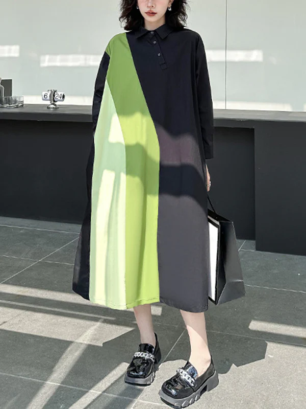 Long Sleeves Loose Asymmetric Buttoned Contrast Color Split-Joint Lapel Midi Dresses Shirt Dress - Image 3