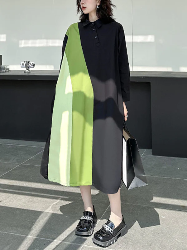 Long Sleeves Loose Asymmetric Buttoned Contrast Color Split-Joint Lapel Midi Dresses Shirt Dress - Image 4