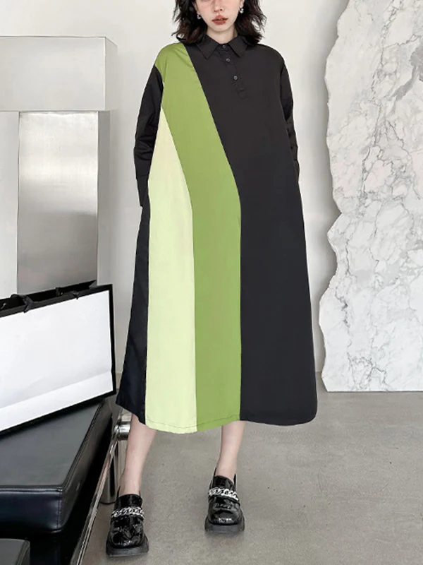 Long Sleeves Loose Asymmetric Buttoned Contrast Color Split-Joint Lapel Midi Dresses Shirt Dress - Image 5